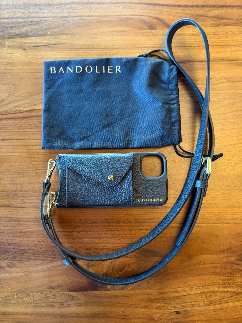 BANDOLIER IPHONE CASE 15plus Black leather Crossbody